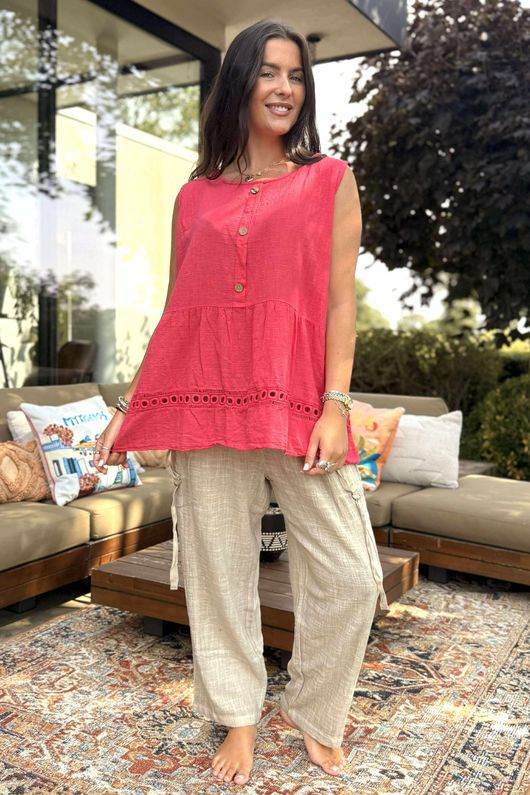 Sicily Pure Cotton Button Tiered Tank Top Raspberry /17 =