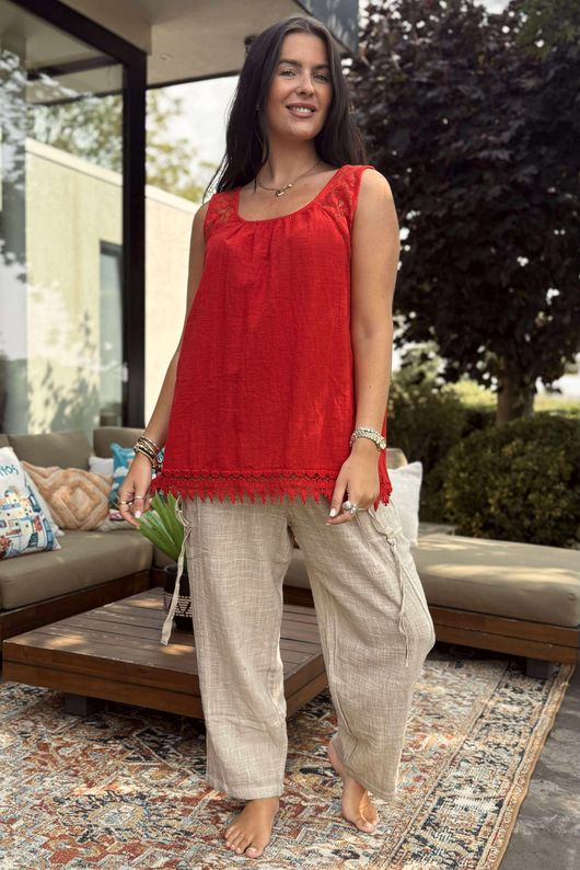Sicily Pure Cotton Lace Vest Top Cherry /10 =