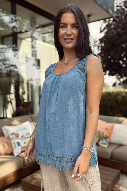 Sicily Pure Cotton Lace Vest Top Light Denim /8 =