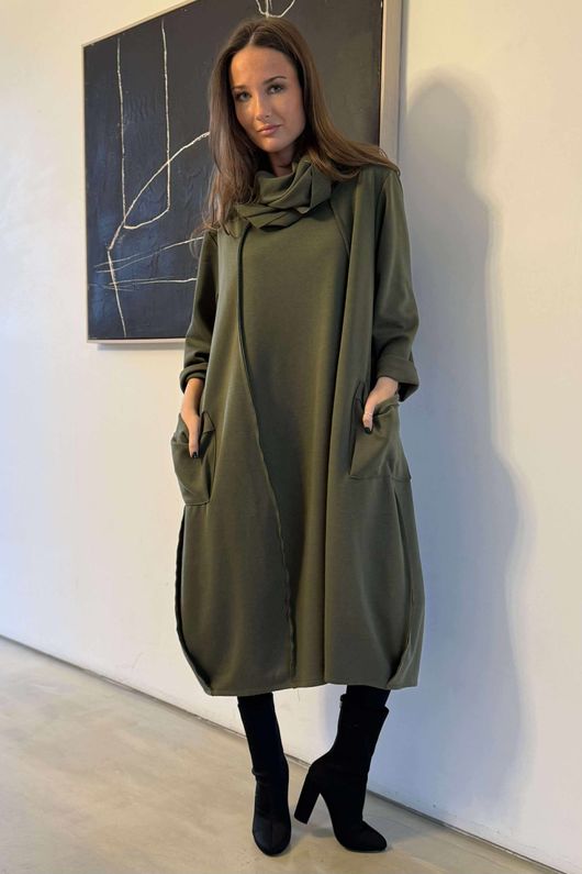 Sola Smart Tech Cowl Cocoon Dress Khaki 