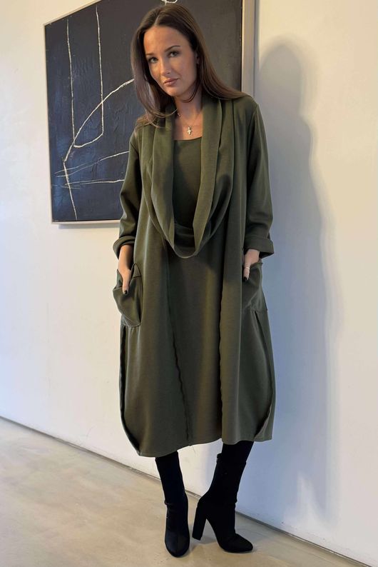 Sola Smart Tech Cowl Cocoon Dress Khaki 