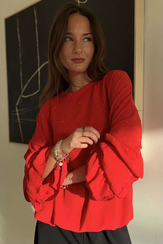 Stella Micro Stud Ruffle Blouse Rouge