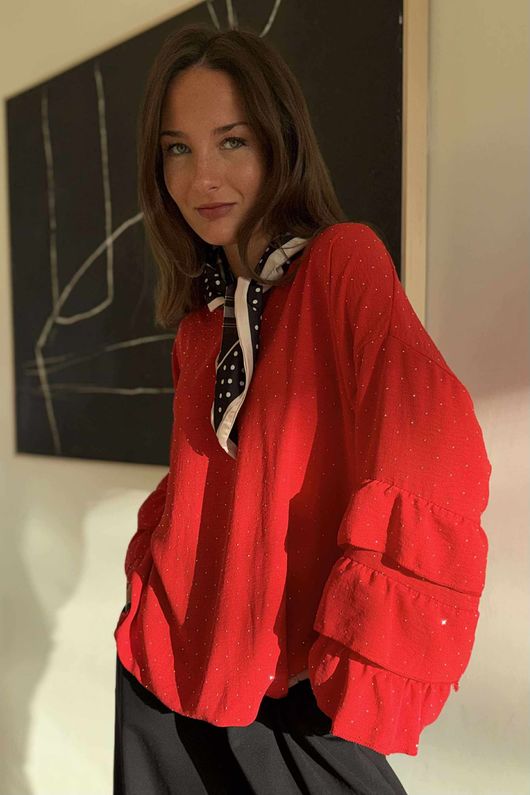 Stella Micro Stud Ruffle Blouse Rouge