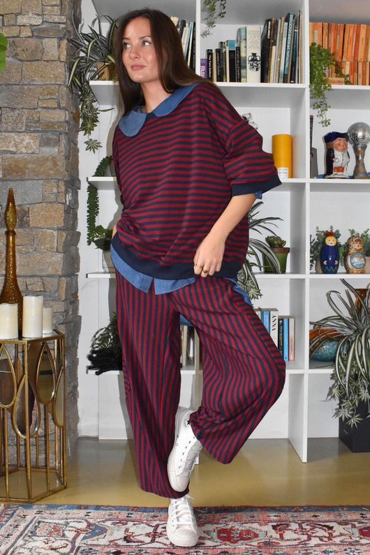Sunday Morning 7/8 Barrel Pant Navy & Burgundy