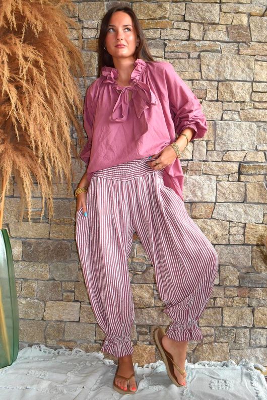 Sundaze Cheesecloth Chalk Stripe Bloomer Pant Indian Pink