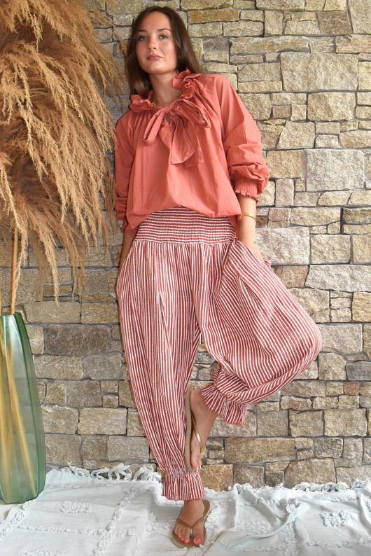 Sundaze Cheesecloth Chalk Stripe Bloomer Pant Indian Red