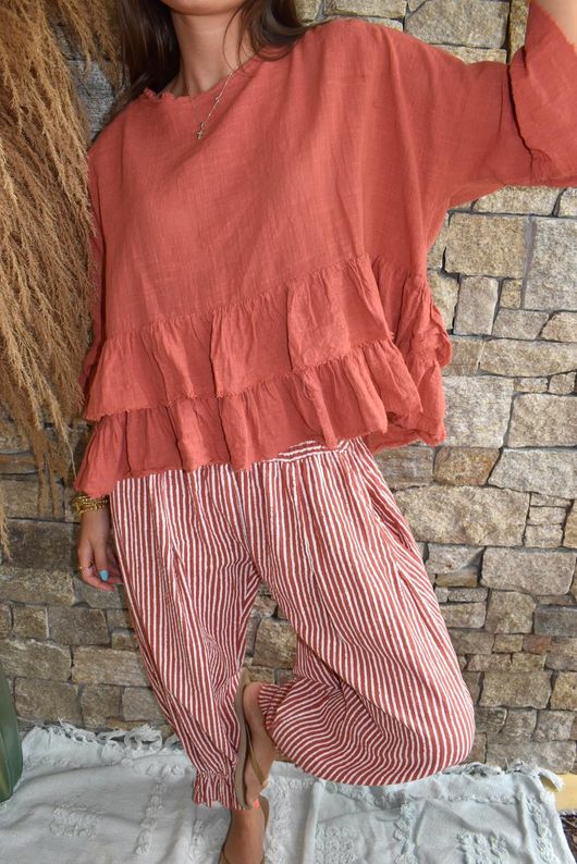 Sundaze Cheesecloth Chalk Stripe Bloomer Pant Indian Red