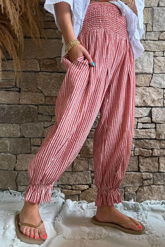 Sundaze Cheesecloth Chalk Stripe Bloomer Pant Indian Red