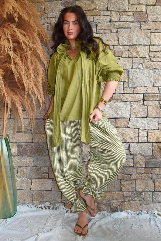Sundaze Cheesecloth Chalk Stripe Bloomer Pant Olive