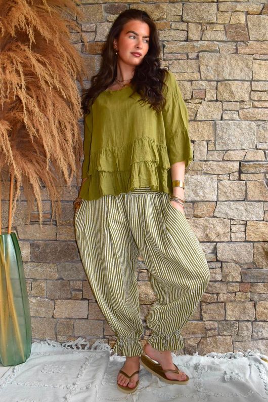 Sundaze Cheesecloth Chalk Stripe Bloomer Pant Olive