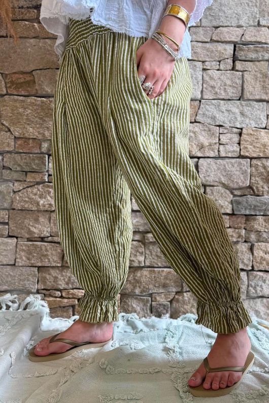 Sundaze Cheesecloth Chalk Stripe Bloomer Pant Olive