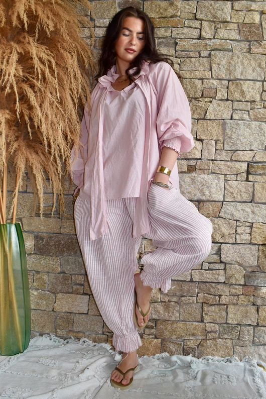 Sundaze Cheesecloth Chalk Stripe Bloomer Pant Rose