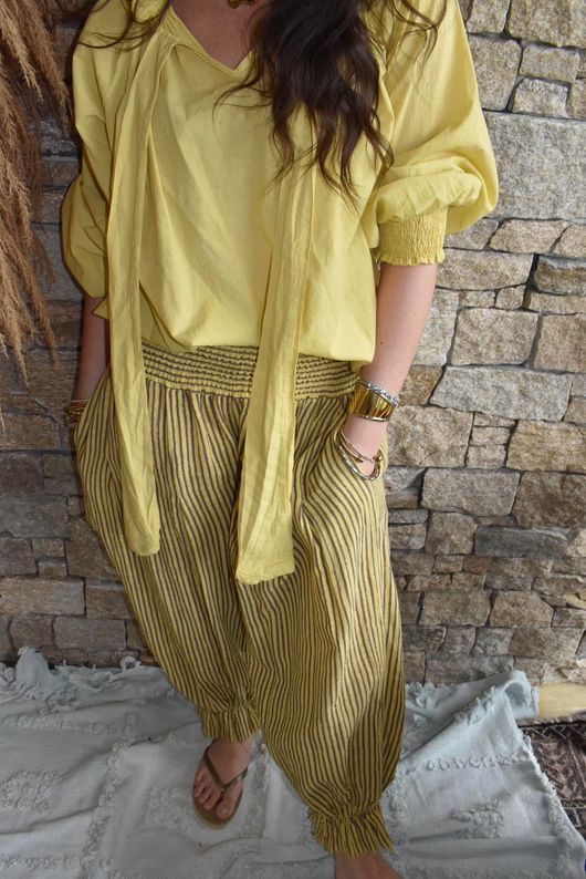 Sundaze Cheesecloth Chalk Stripe Bloomer Pant Soft Ochre
