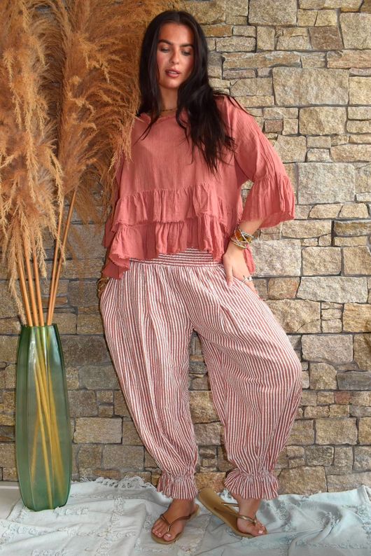 Sundaze Cheesecloth Chalk Stripe Bloomer Pant Soft Terracotta