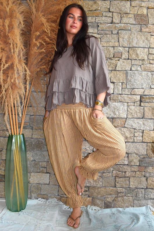 Sundaze Cheesecloth Chalk Stripe Bloomer Pant Tuscan Sun