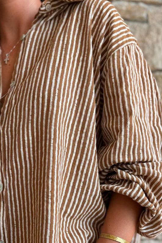 Sundaze Cheesecloth Chalk Stripe Boyfriend Shirt Hazelnut