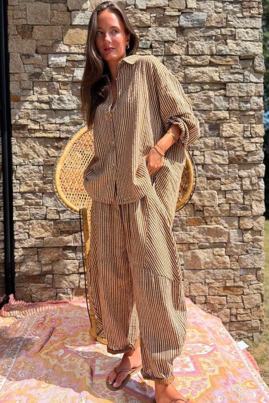 Sundaze Cheesecloth Chalk Stripe Boyfriend Shirt Hazelnut