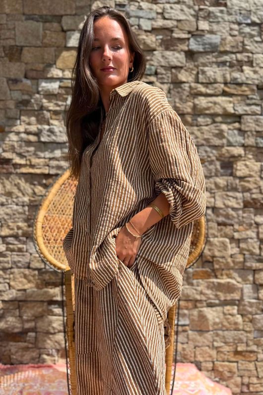 Sundaze Cheesecloth Chalk Stripe Boyfriend Shirt Hazelnut