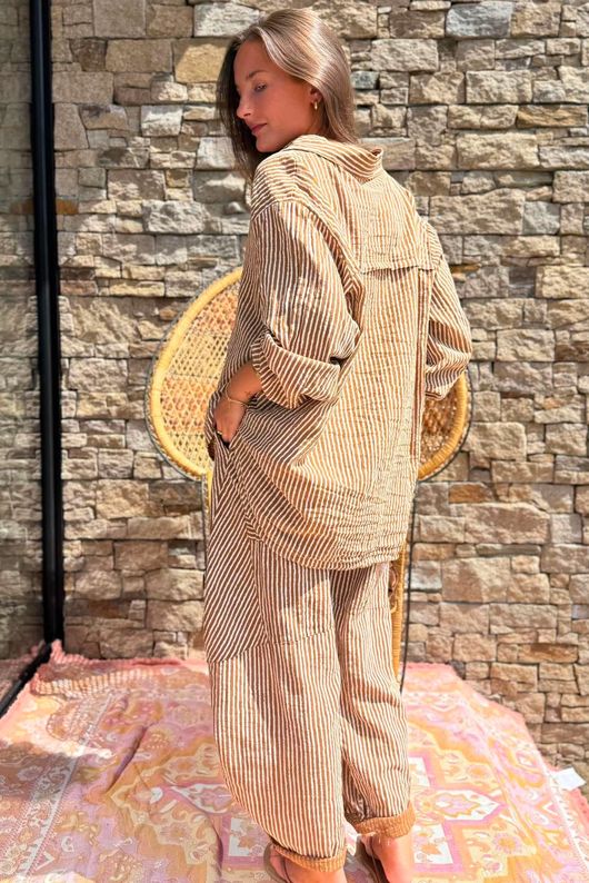 Sundaze Cheesecloth Chalk Stripe Boyfriend Shirt Hazelnut