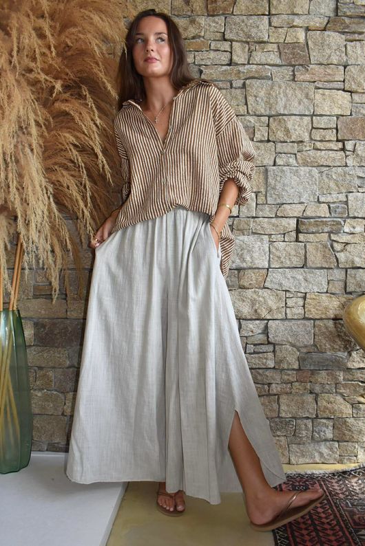 Sundaze Cheesecloth Chalk Stripe Boyfriend Shirt Hazelnut