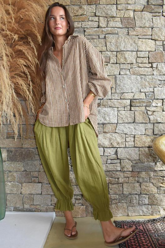 Sundaze Cheesecloth Chalk Stripe Boyfriend Shirt Hazelnut