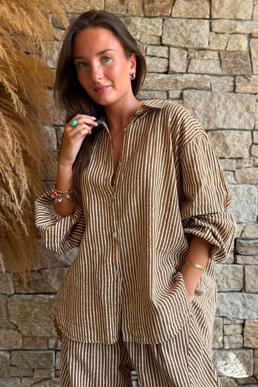 Sundaze Cheesecloth Chalk Stripe Boyfriend Shirt Hazelnut