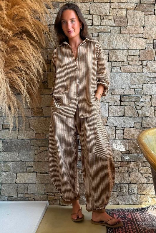 Sundaze Cheesecloth Chalk Stripe Boyfriend Shirt Hazelnut