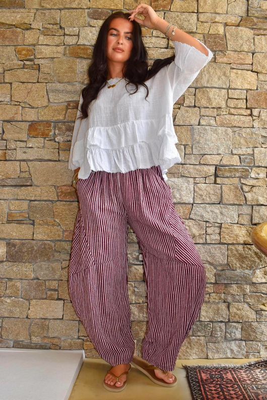 Sundaze Cheesecloth Chalk Stripe Classic Barrel Pant Aubergine