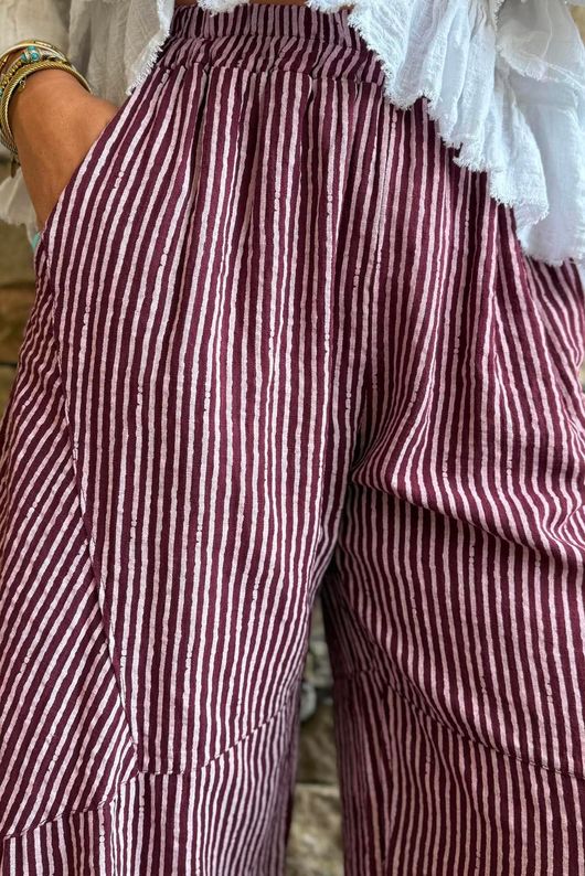 Sundaze Cheesecloth Chalk Stripe Classic Barrel Pant Aubergine