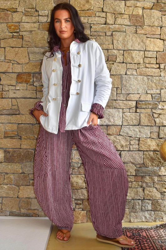 Sundaze Cheesecloth Chalk Stripe Classic Barrel Pant Aubergine