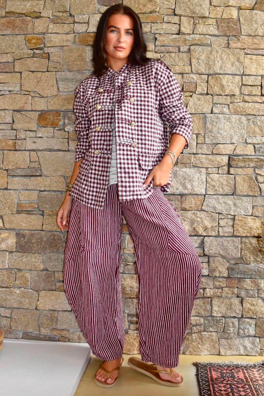 Sundaze Cheesecloth Chalk Stripe Classic Barrel Pant Aubergine