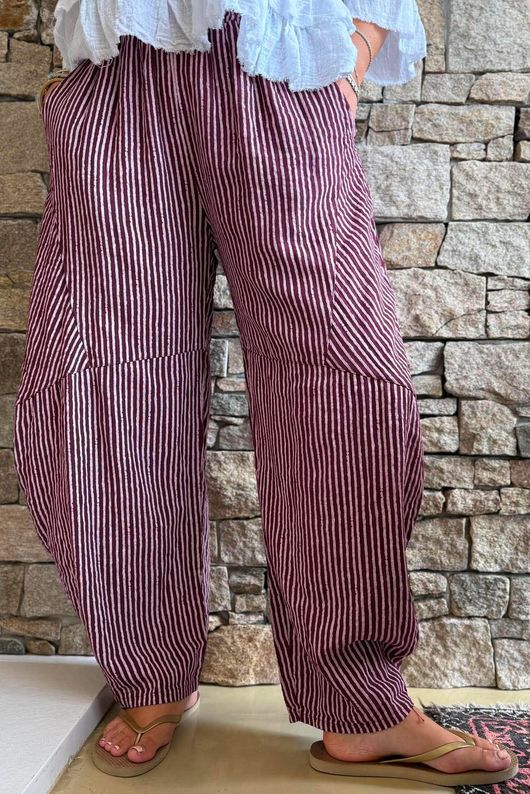 Sundaze Cheesecloth Chalk Stripe Classic Barrel Pant Aubergine