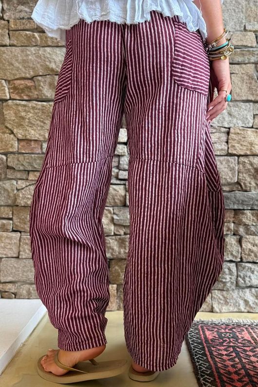Sundaze Cheesecloth Chalk Stripe Classic Barrel Pant Aubergine