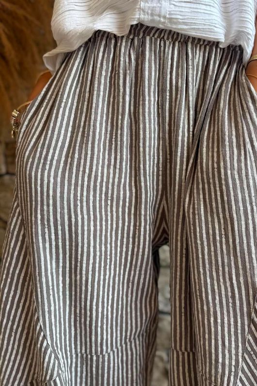 Sundaze Cheesecloth Chalk Stripe Classic Barrel Pant Mocha