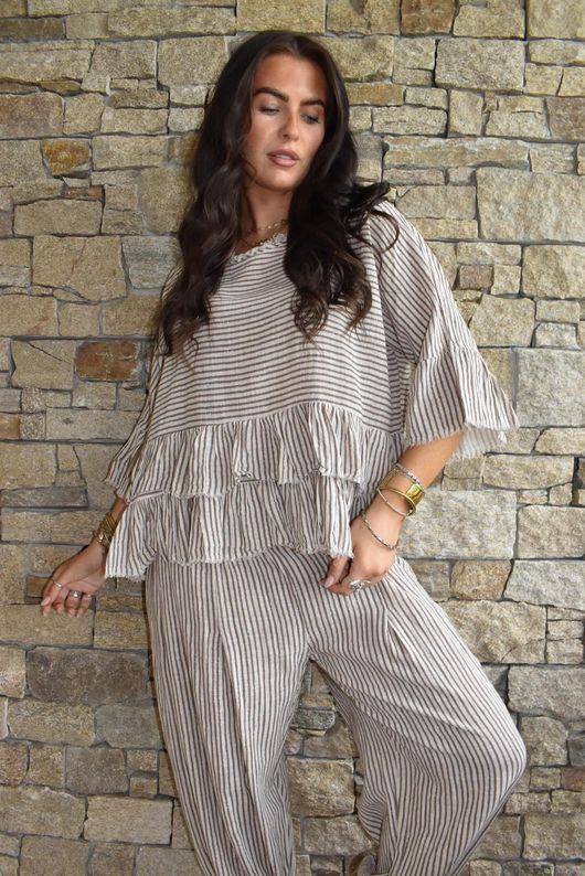 Sundaze Cheesecloth Chalk Stripe Frill Top Calico