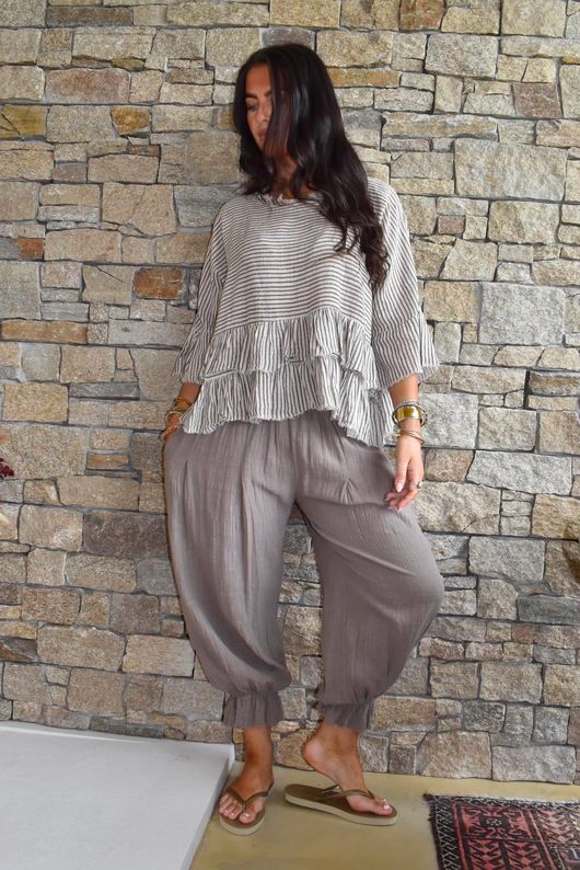Sundaze Cheesecloth Chalk Stripe Frill Top Calico