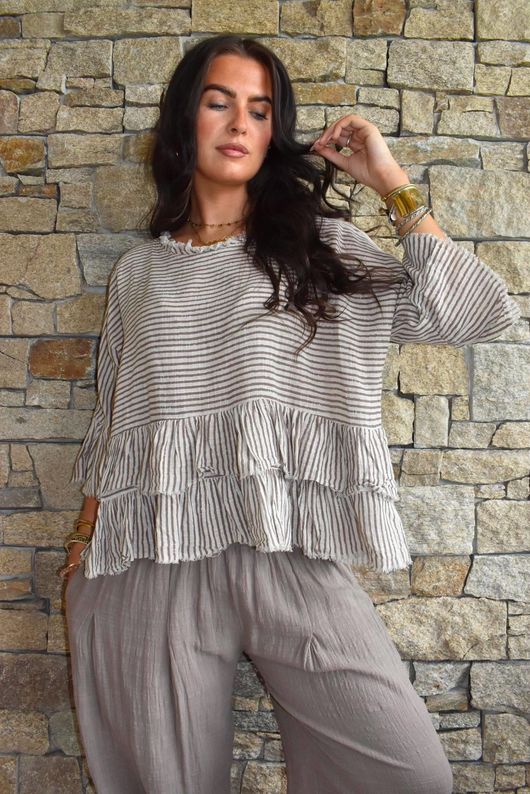 Sundaze Cheesecloth Chalk Stripe Frill Top Calico
