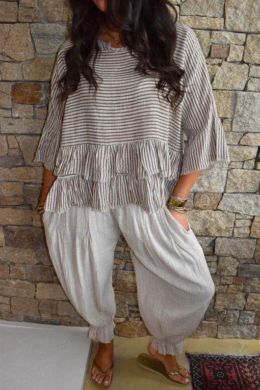 Sundaze Cheesecloth Chalk Stripe Frill Top Calico