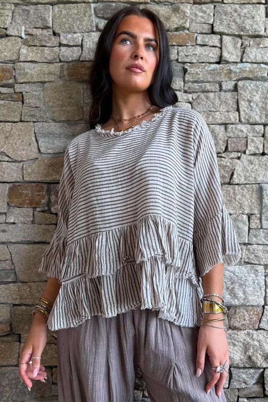 Sundaze Cheesecloth Chalk Stripe Frill Top Calico