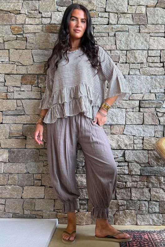 Sundaze Cheesecloth Chalk Stripe Frill Top Calico