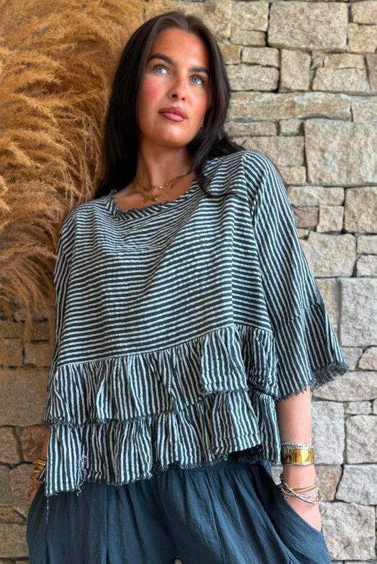 Sundaze Cheesecloth Chalk Stripe Frill Top Charcoal