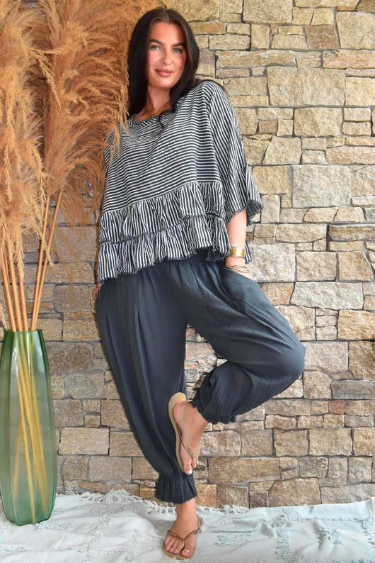Sundaze Cheesecloth Chalk Stripe Frill Top Charcoal