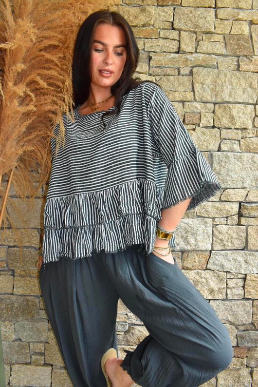 Sundaze Cheesecloth Chalk Stripe Frill Top Charcoal