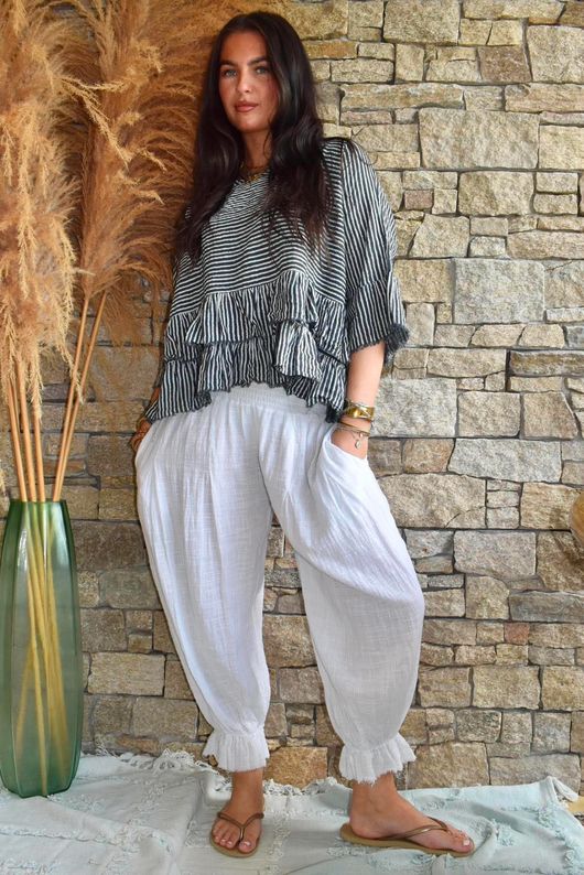 Sundaze Cheesecloth Chalk Stripe Frill Top Charcoal