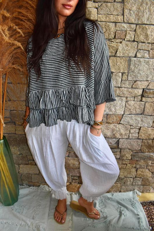 Sundaze Cheesecloth Chalk Stripe Frill Top Charcoal