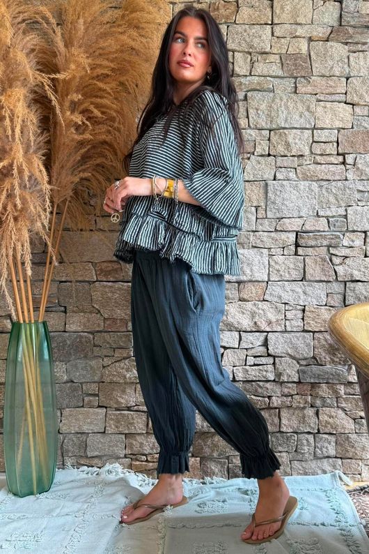 Sundaze Cheesecloth Chalk Stripe Frill Top Charcoal