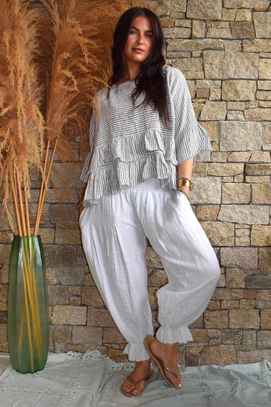 Sundaze Cheesecloth Chalk Stripe Frill Top Cloud