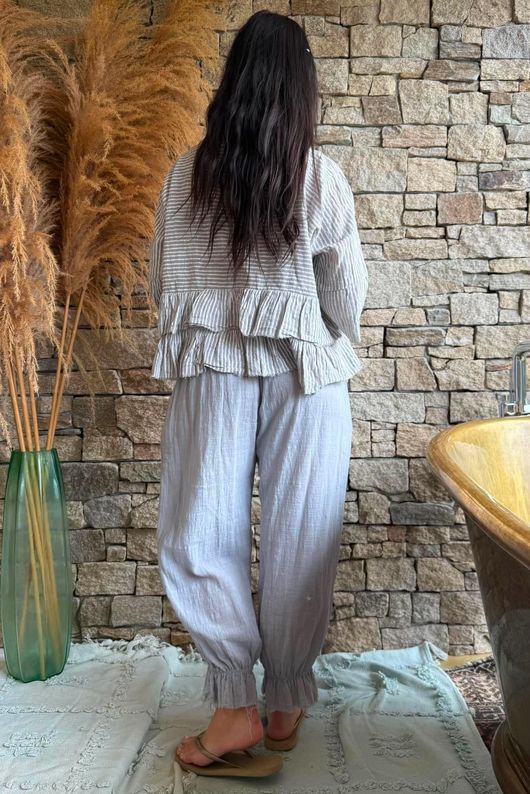 Sundaze Cheesecloth Chalk Stripe Frill Top Cloud