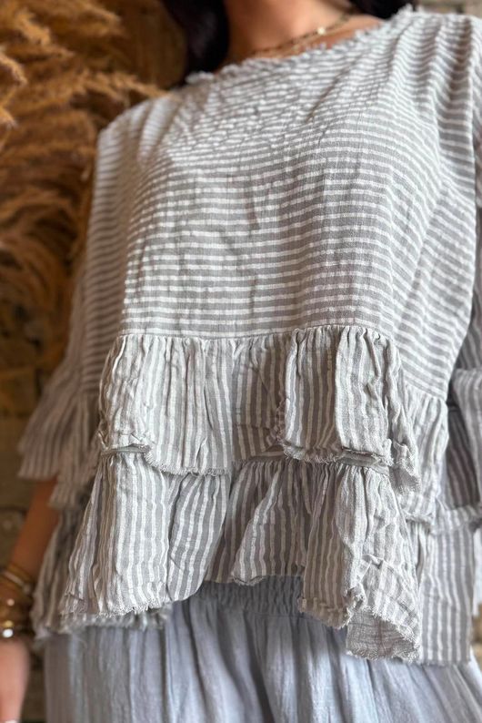 Sundaze Cheesecloth Chalk Stripe Frill Top Cloud
