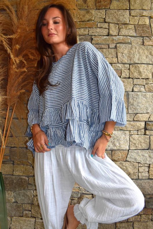 Sundaze Cheesecloth Chalk Stripe Frill Top Denim